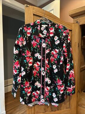 crown & ivy Black Floral Blouse with Pink, White & Teal Accents